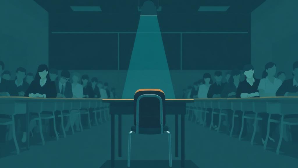 Ilustração fictícia: uma carteira isolada em sala de aula cheia.