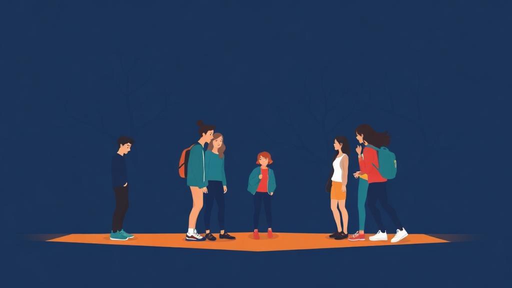 Ilustração fictícia: grupo de estudantes rindo no pátio enquanto um colega novo fica afastado, olhando para o chão.